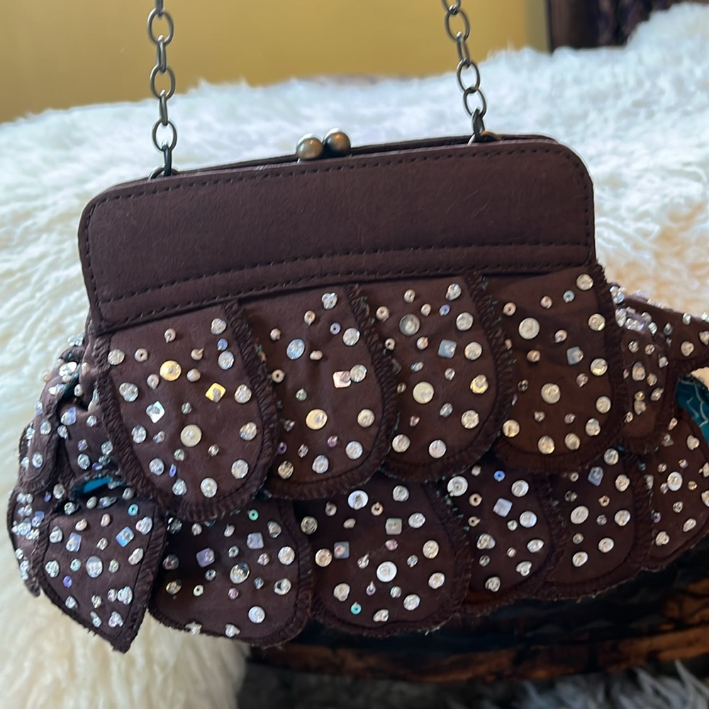 Vintage Gap Brown & Teal wristlet w/sequins & beads gold/brass frame clasp - Picture 17 of 17
